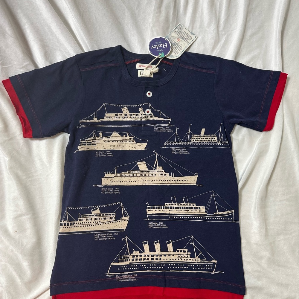 🆕 Hatley Navy Tee with Red Trim and Ship Sketches